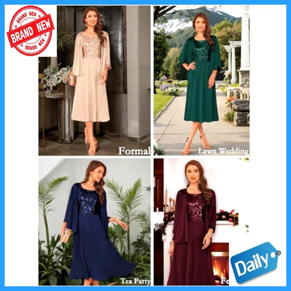 Two Piece Sequin Formal Dress with Jacket Tea Length Elegant Wedding Guest - Picture 6 of 7
